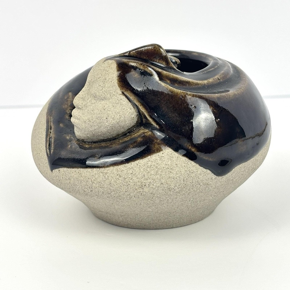 Studio Art Pottery Face Vase Sculptural Stoneware Vessel Beige Brown Signed 5”